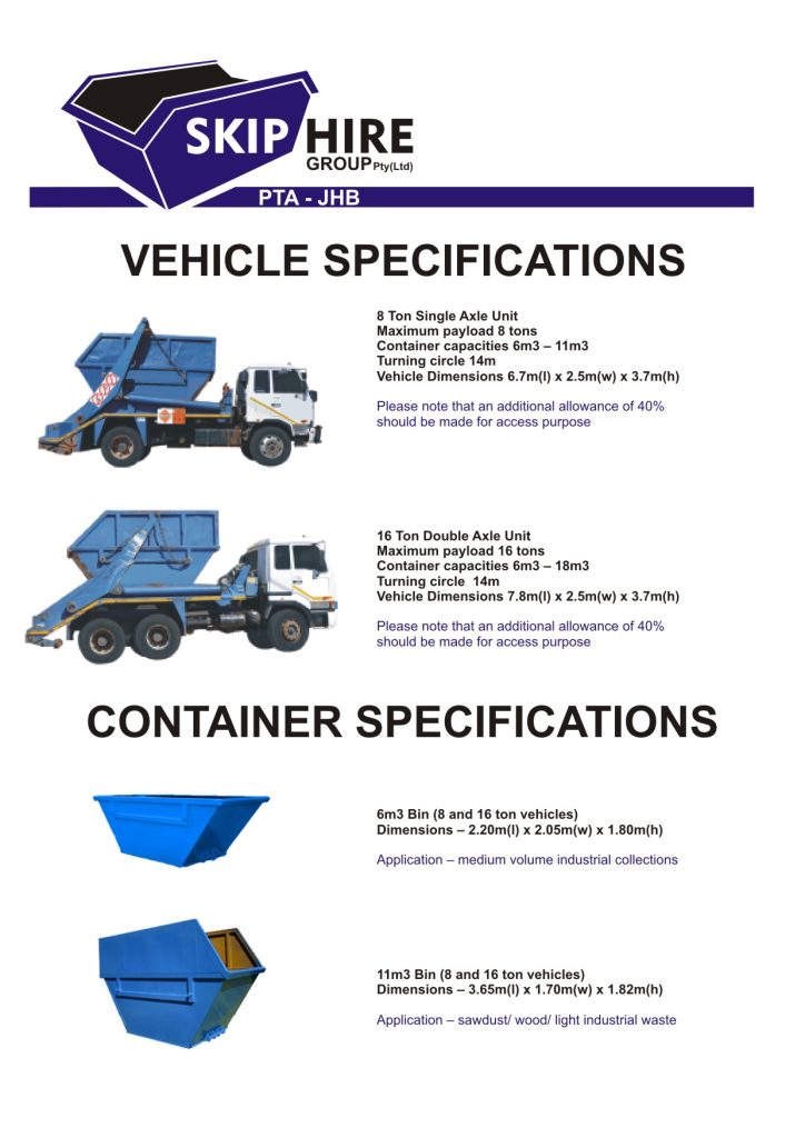 Vehicle & Container Specifications Skip Hire Pretoria